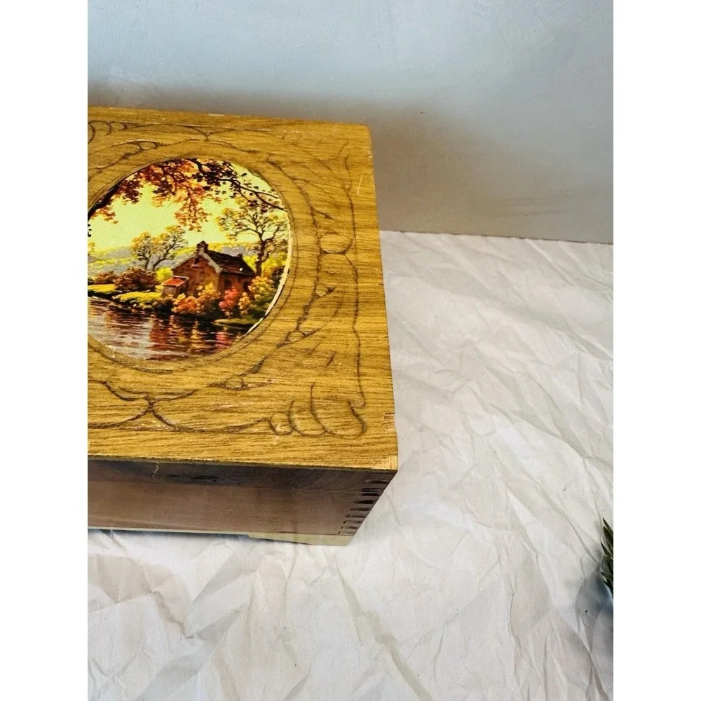 Vintage Cedar Jewelry box with carved and fall decopage lid, mirror inside